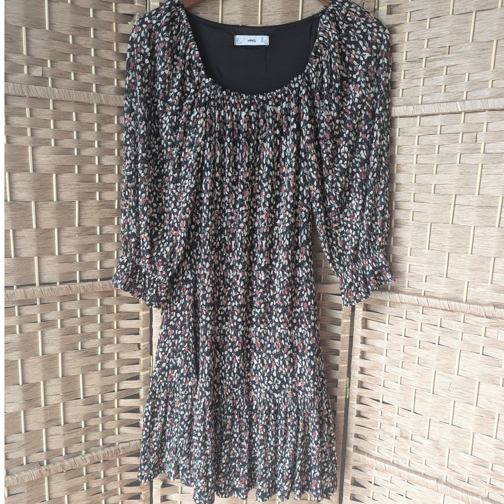 Mango MNG‎ Pleated Square Neck Mini Dress Black Long Sleeve Womens 4 Yellowstone